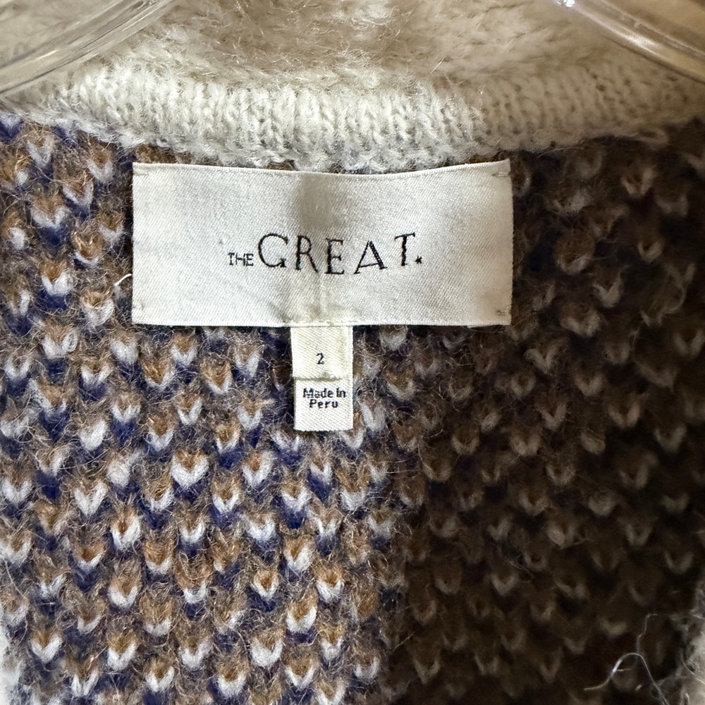 THE GREAT. Plaid Cardigan in Cream and Brown - Picture 3 of 5